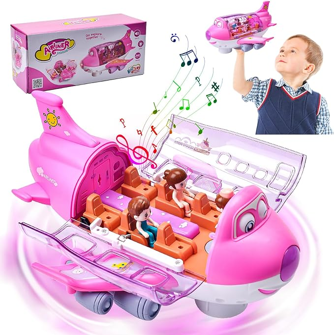 Electric Large Pink Plane Toy – Interactive Light & Sound Airplane with 360° Rotation