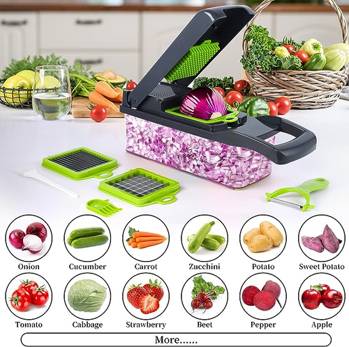 Vegetable Cutter Chopper & Slicer – Multifunction Food Prep Tool with Container & 5 Blade Attachments