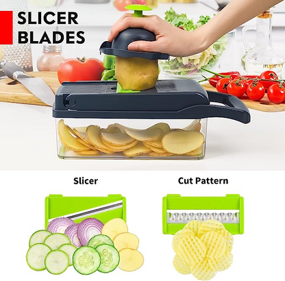 Vegetable Cutter Chopper & Slicer – Multifunction Food Prep Tool with Container & 5 Blade Attachments