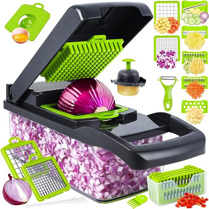Vegetable Cutter Chopper & Slicer – Multifunction Food Prep Tool with Container & 5 Blade Attachments
